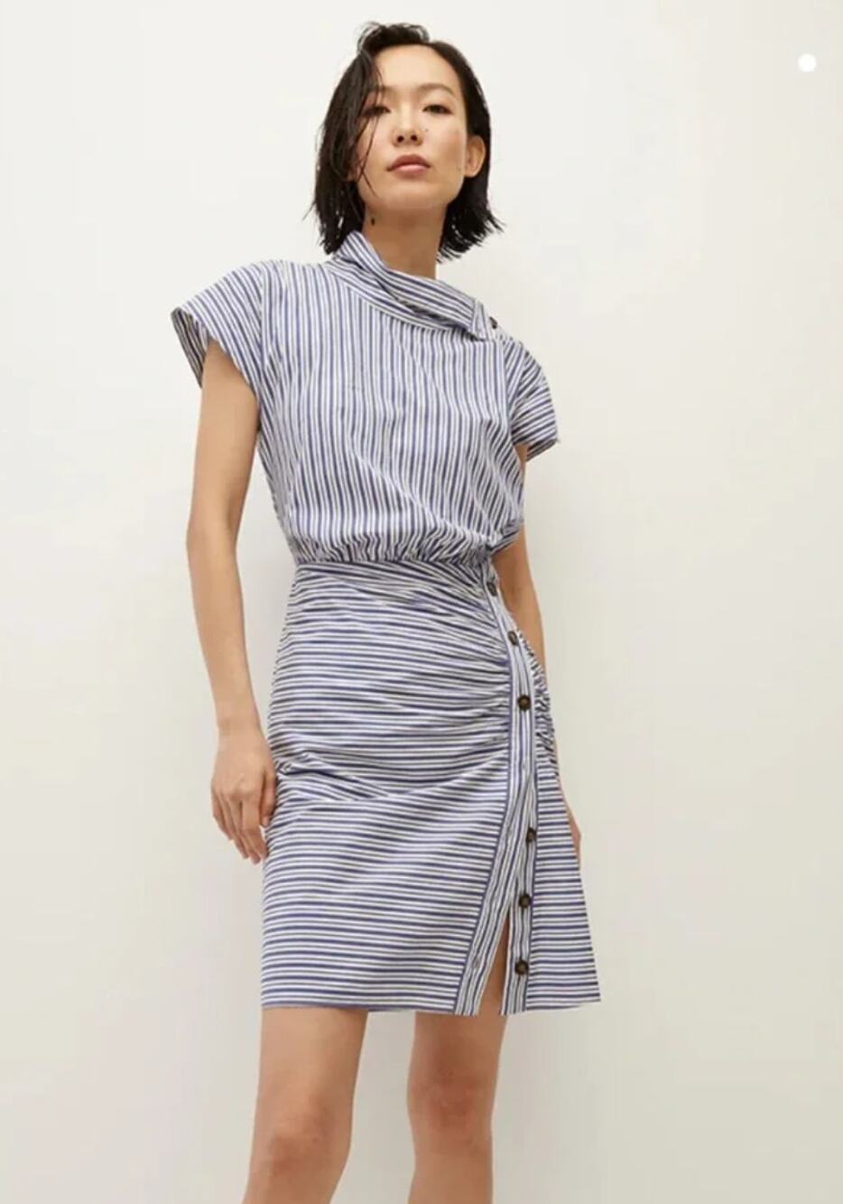 Veronica Beard Arabel Striped Poplin Ruched Asymmetric Mini Dress Womens 10 $499